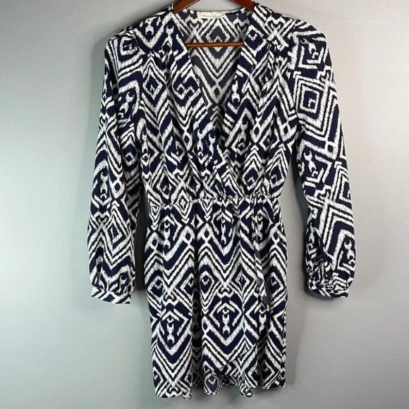 HONEY BELLE Print Crossover Mini Dress Navy Print V-neck Long Sleeve Boho Size S - Picture 12 of 12